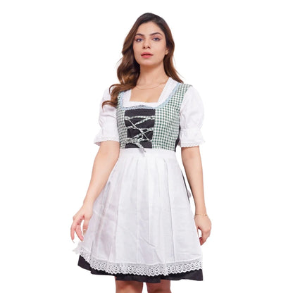 A woman wearing a white and green checkered dirndl with a cute ribbon and side pockets.