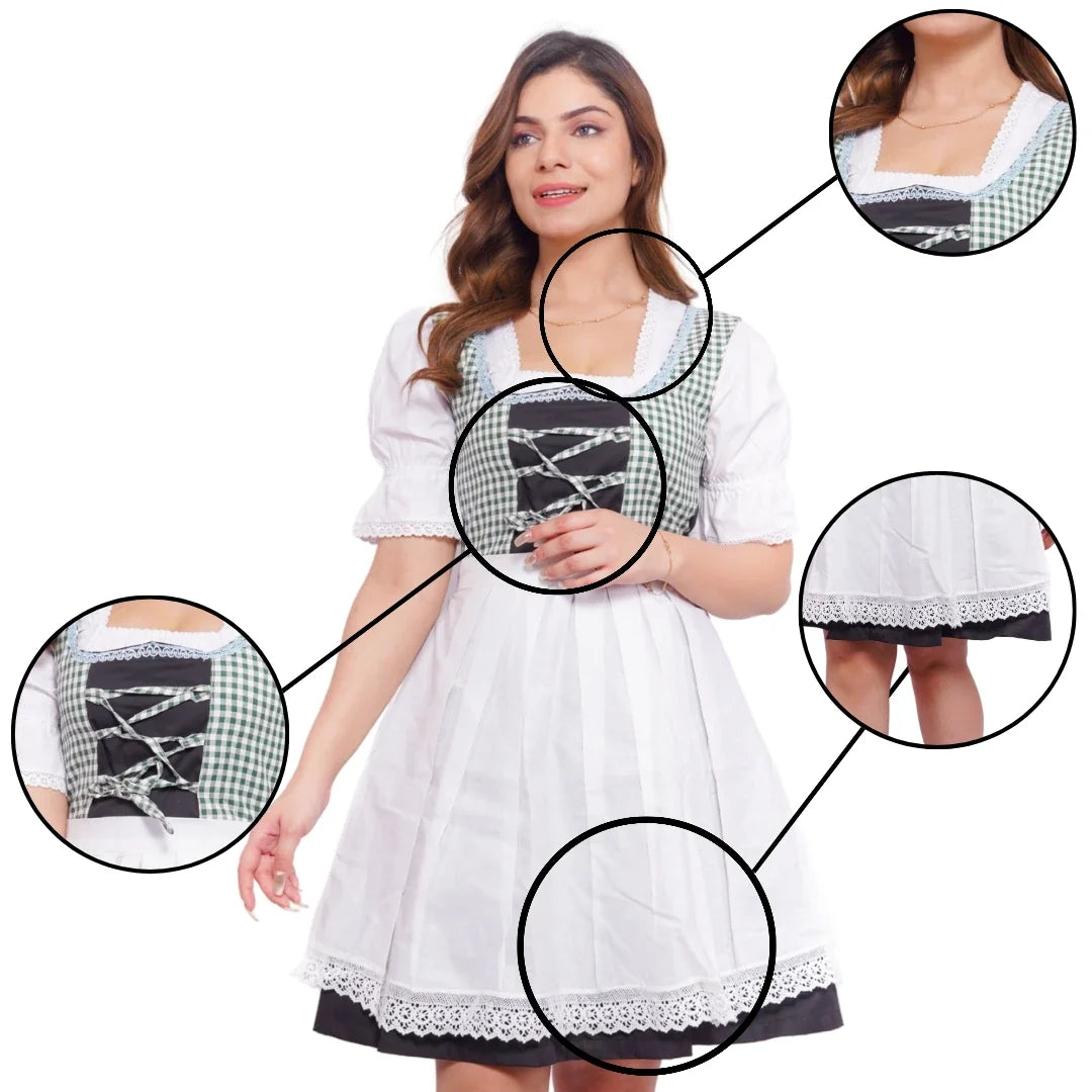 Oktoberfest Outfits dirndl dress A woman wearing a white dress with green checks and cute ribbon details. The image includes close-up insets showing the dress's texture, detail, and fit.