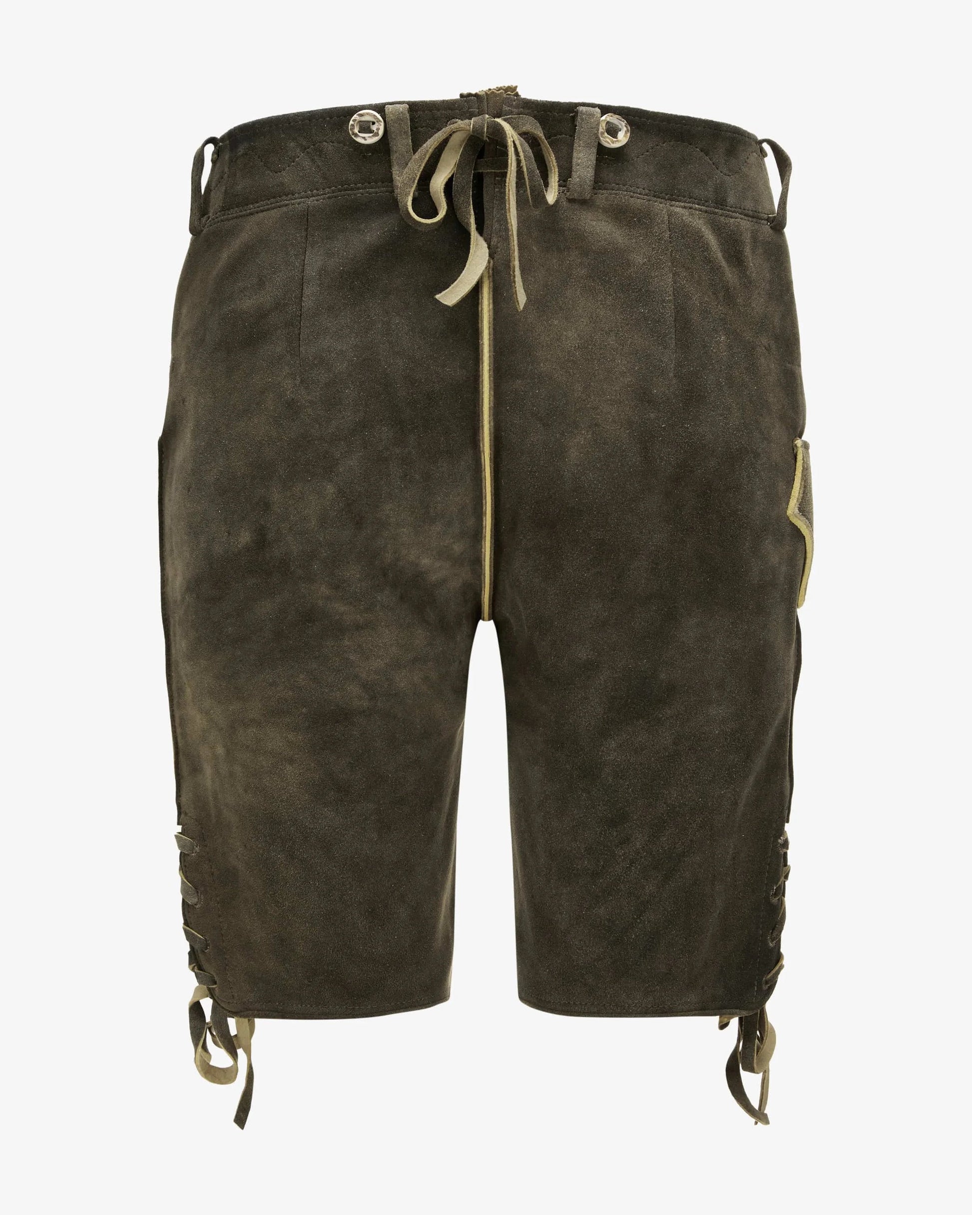 Brown leather shorts with drawstring on a white background