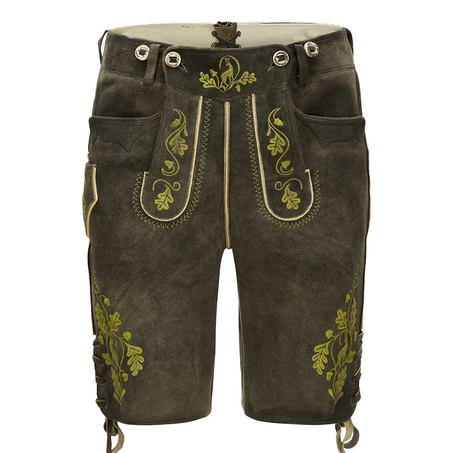Brown leather shorts with green embroidery on a white background