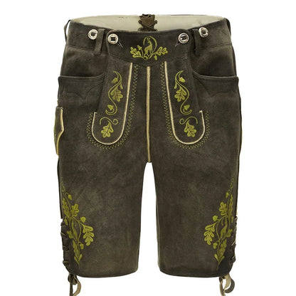 Brown leather shorts with green embroidery on a white background
