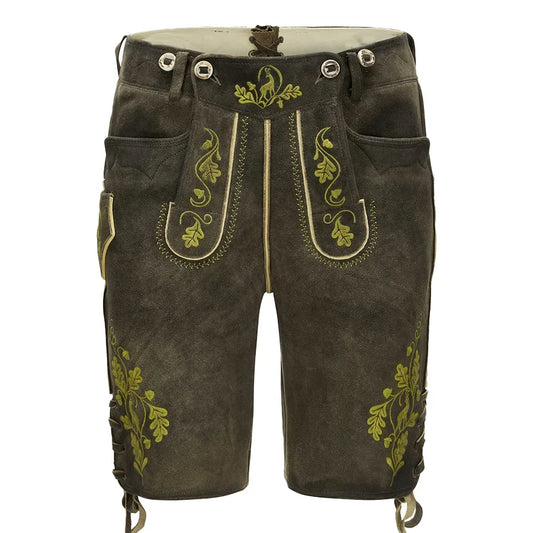 Brown leather shorts with green embroidery on a white background