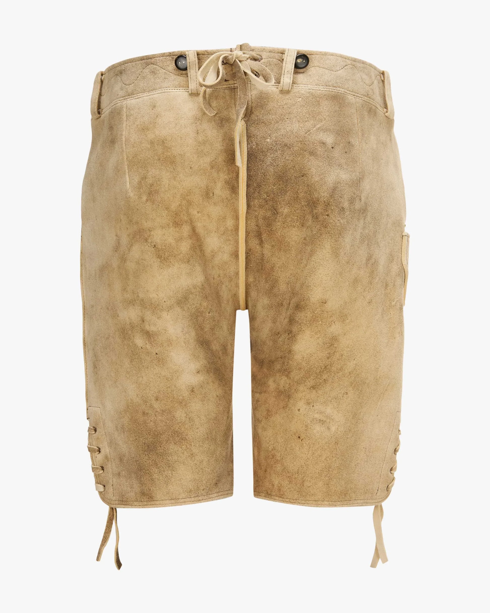 Beige leather shorts with drawstring on a white background