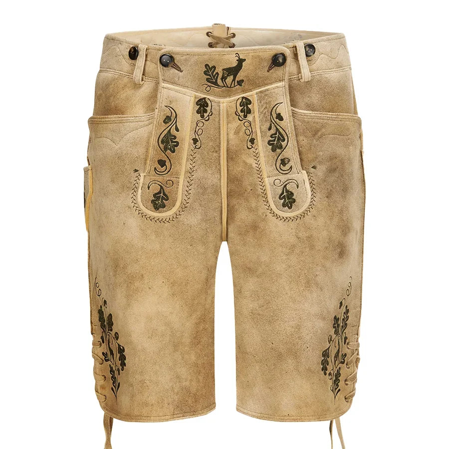 Beige leather shorts with black embroidery on a white background