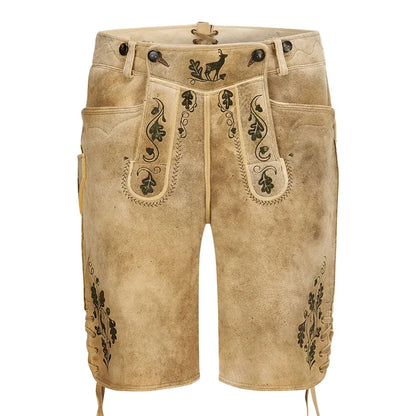 Beige leather shorts with black embroidery on a white background