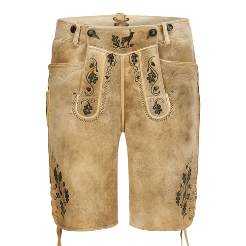 Beige leather shorts with black embroidery on a white background