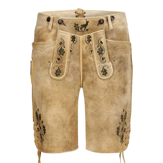 Beige leather shorts with black embroidery on a white background