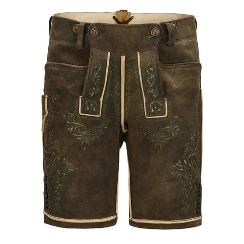 Brown leather shorts with decorative stitching on a white background