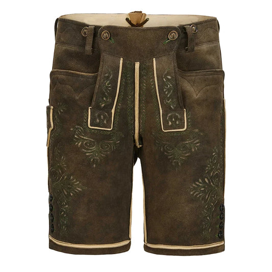 Brown leather shorts with decorative stitching on a white background