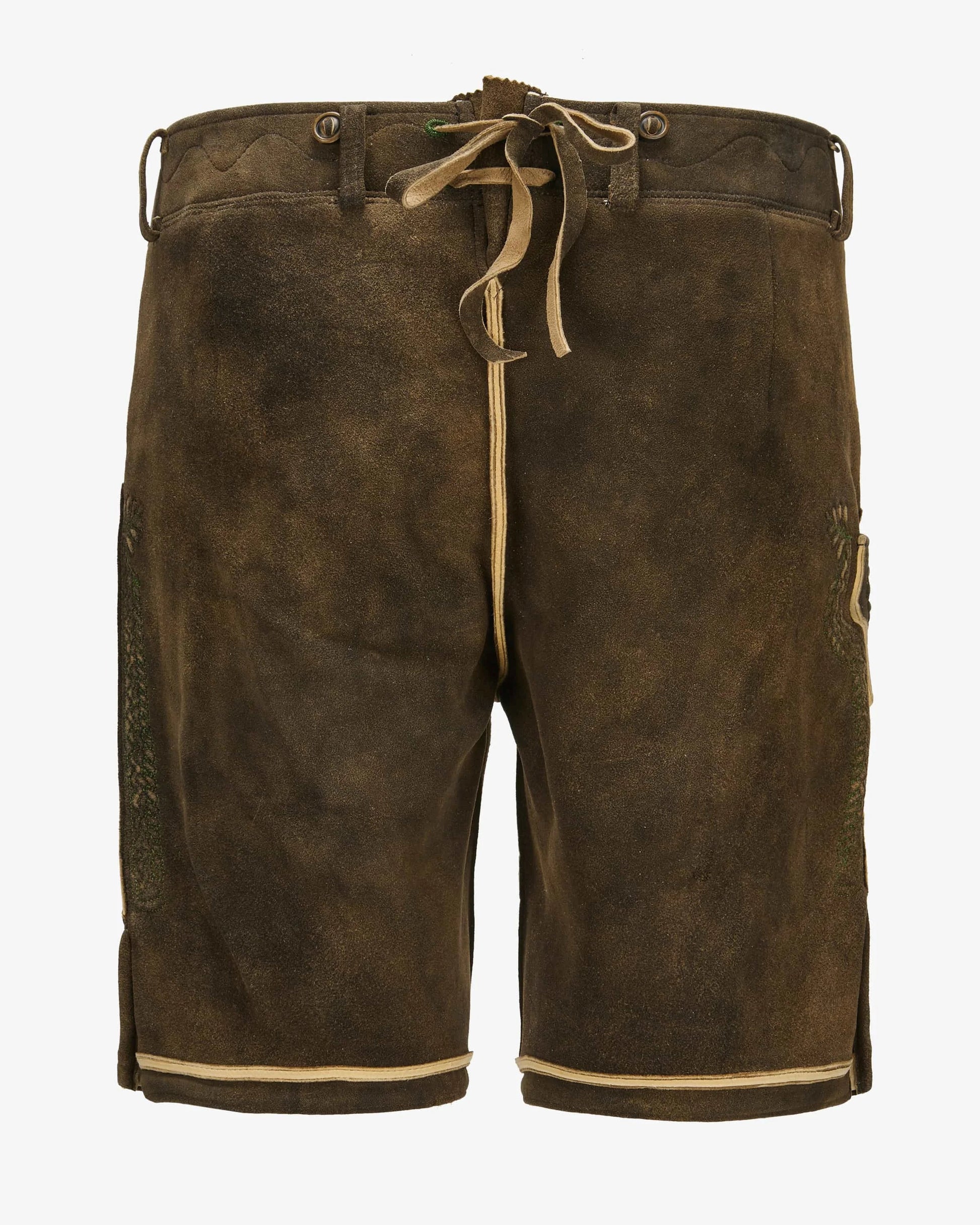 Brown leather shorts with a drawstring on a white background