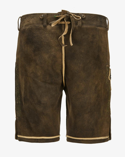 Brown leather shorts with a drawstring on a white background