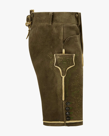 Brown leather shorts with decorative stitching on a white background