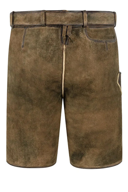 Close-up of brown leather pants with button details on a white background
