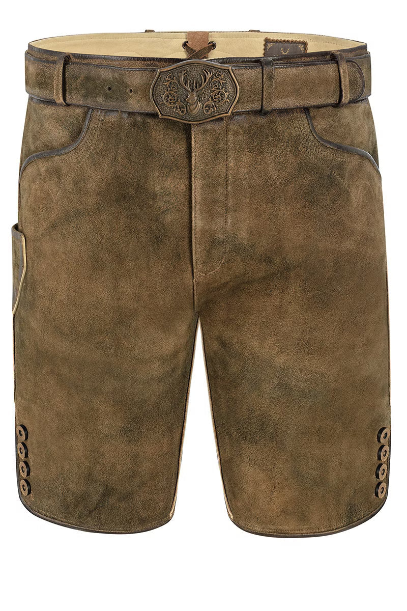 Brown leather shorts with a belt and decorative buckle on a white background