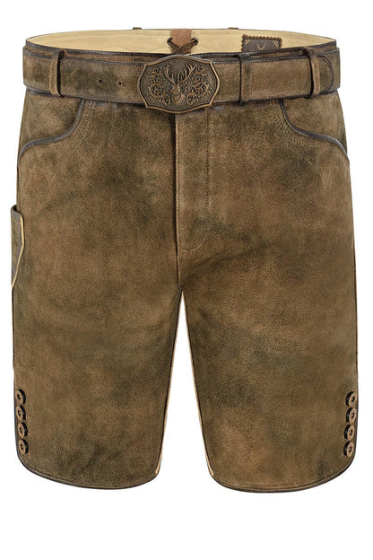 Brown leather shorts with a belt and decorative buckle on a white background