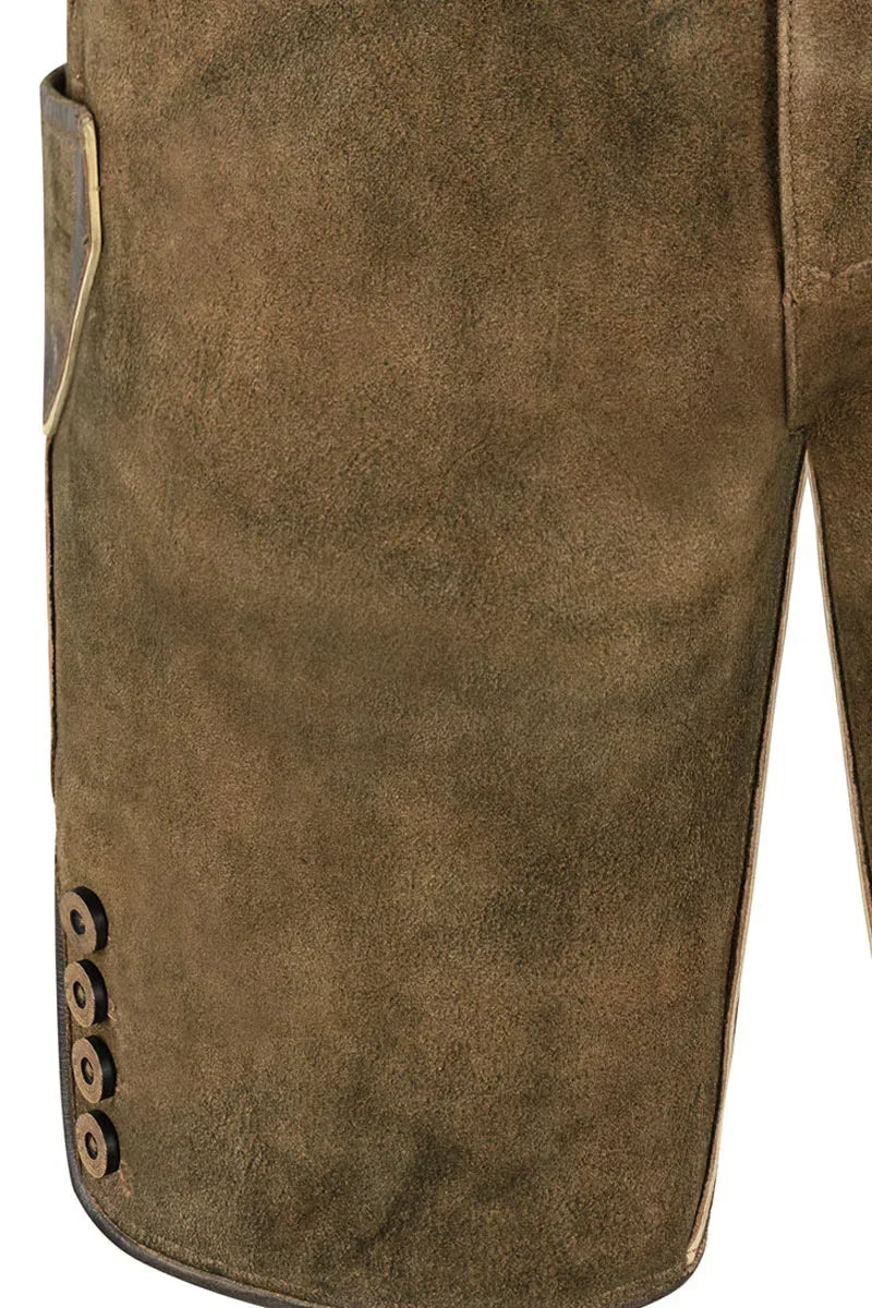 Close-up of brown leather pants with button details on a white background
