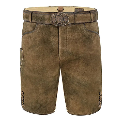 Brown leather shorts with a belt and decorative buckle on a white background