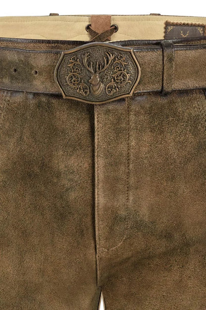 Brown leather belt with decorative buckle on a matching brown leather jacket.