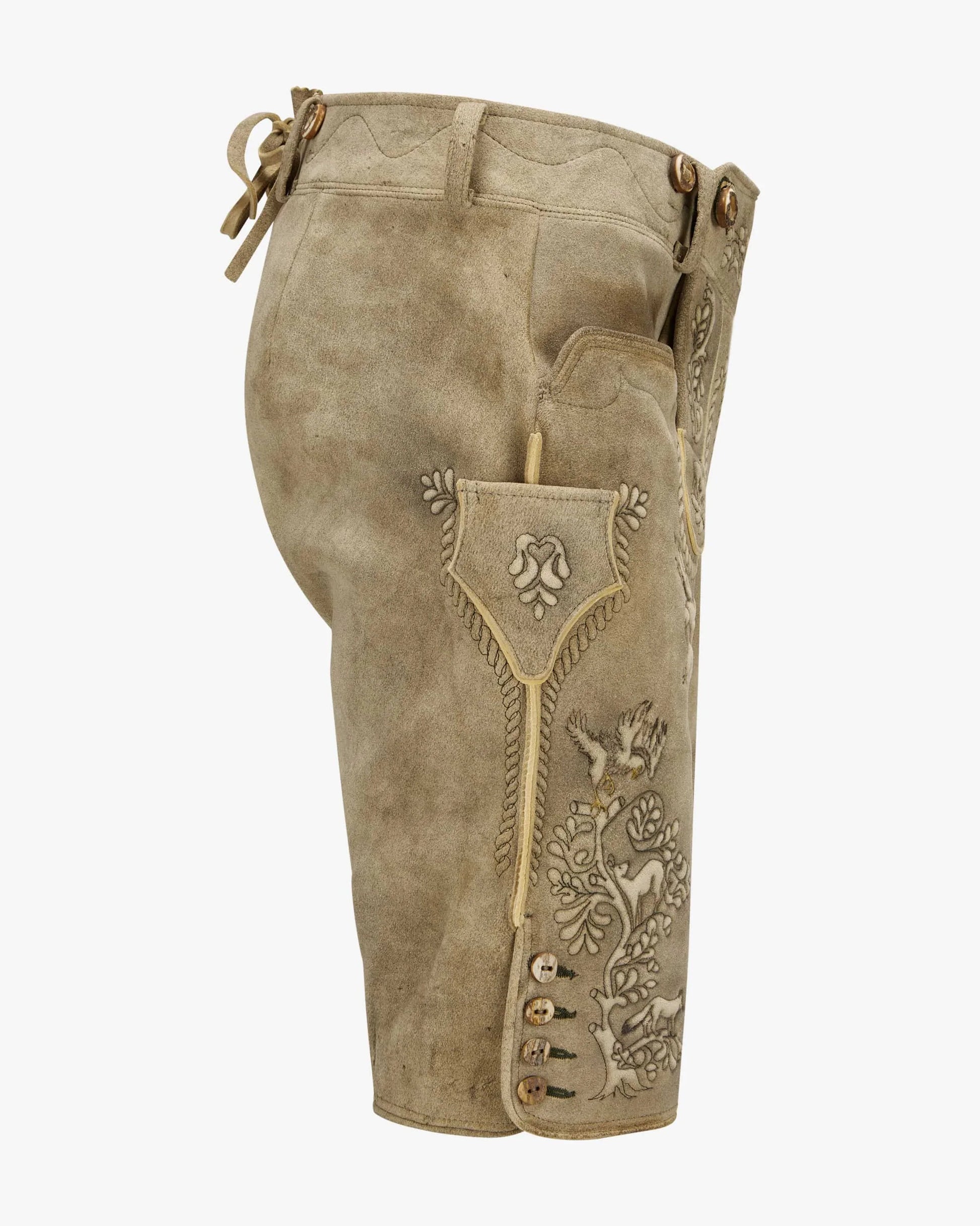 Brown leather shorts with decorative stitching on a white background