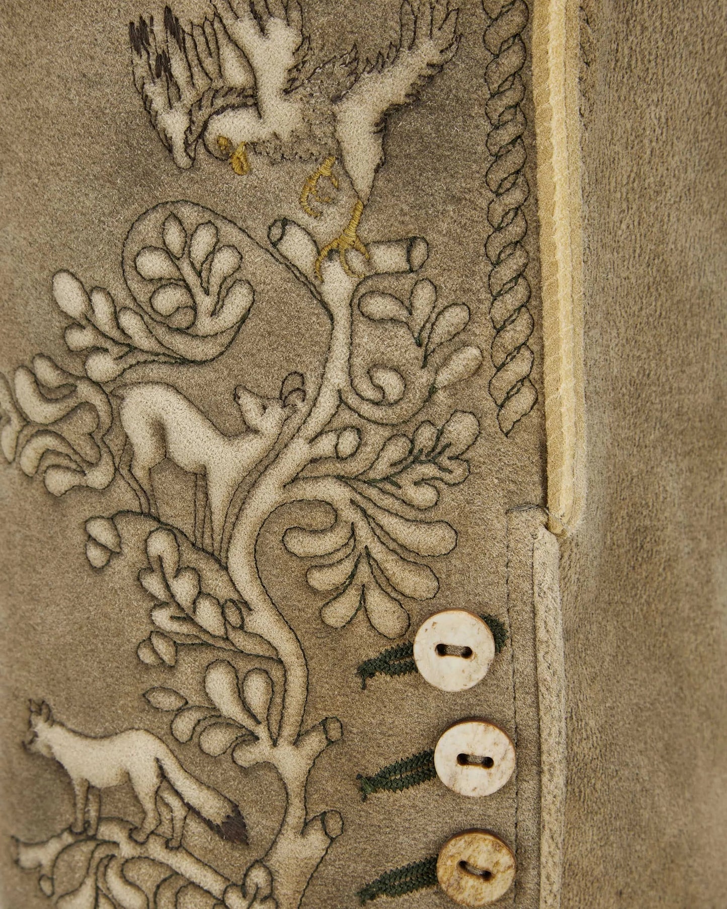 Close-up of a textured surface with animal designs and buttons.
