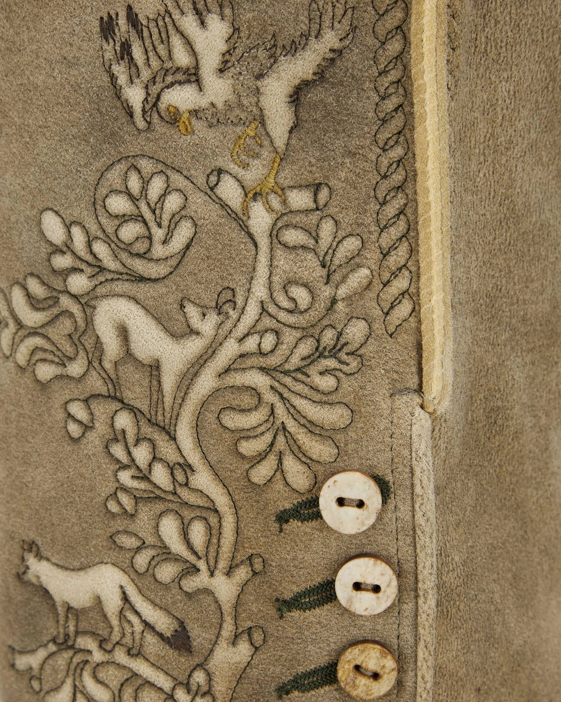 Close-up of a textured surface with animal designs and buttons.