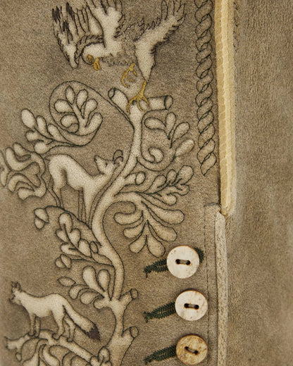 Close-up of a textured surface with animal designs and buttons.
