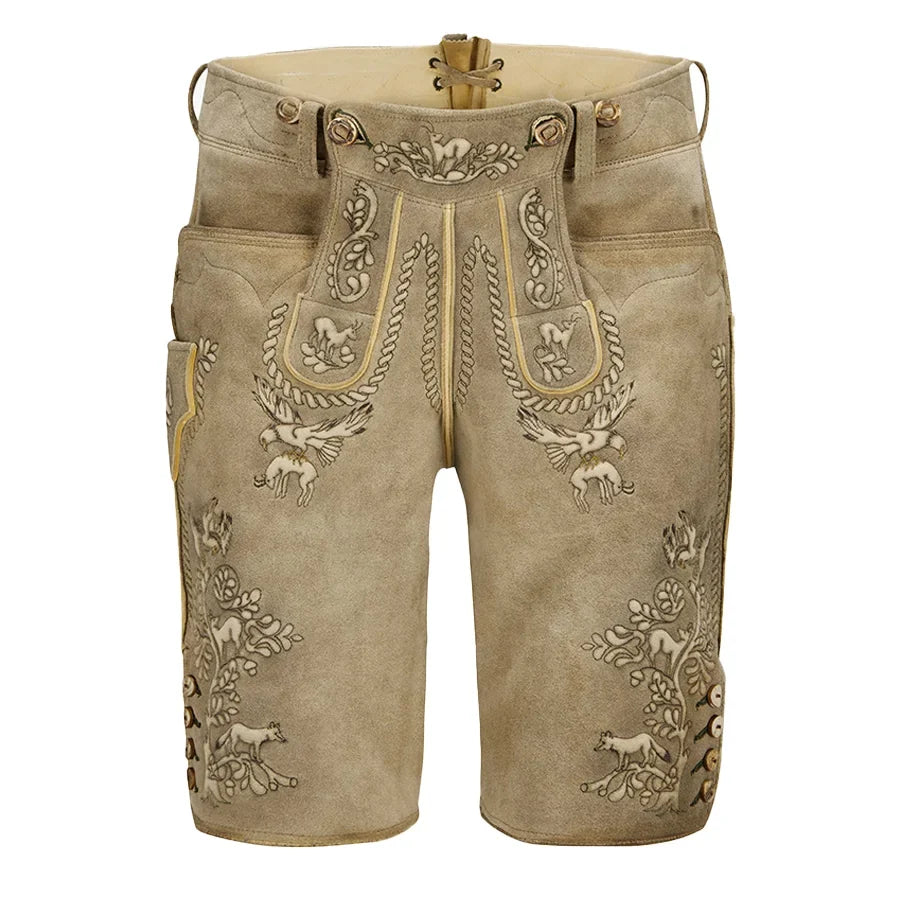 Traditional brown lederhosen with intricate embroidery on a white background