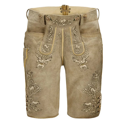 Traditional brown lederhosen with intricate embroidery on a white background