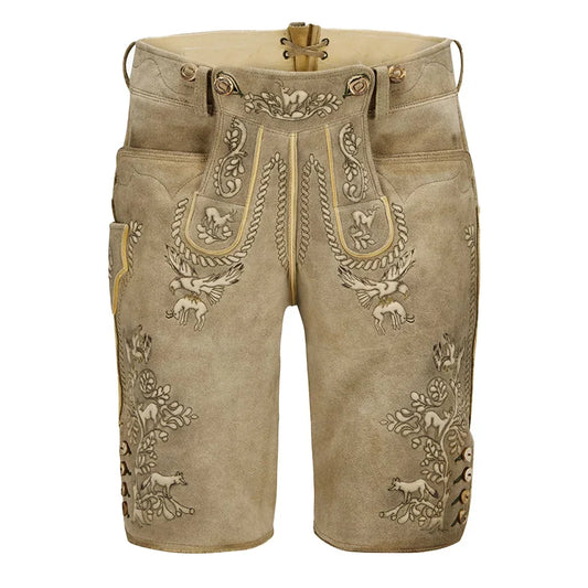 Traditional brown lederhosen with intricate embroidery on a white background