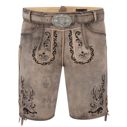 Traditional brown leather shorts with embroidery and a belt on a white background