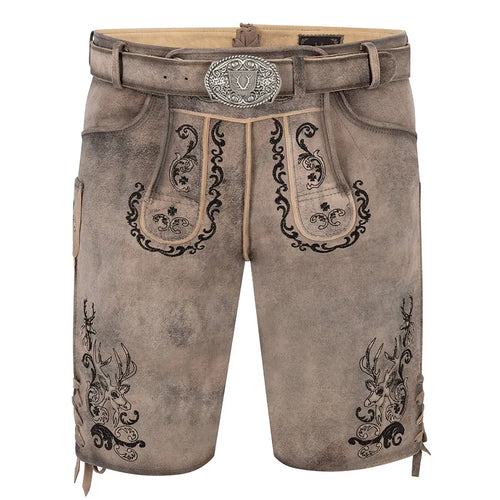 Traditional brown leather shorts with embroidery and a belt on a white background
