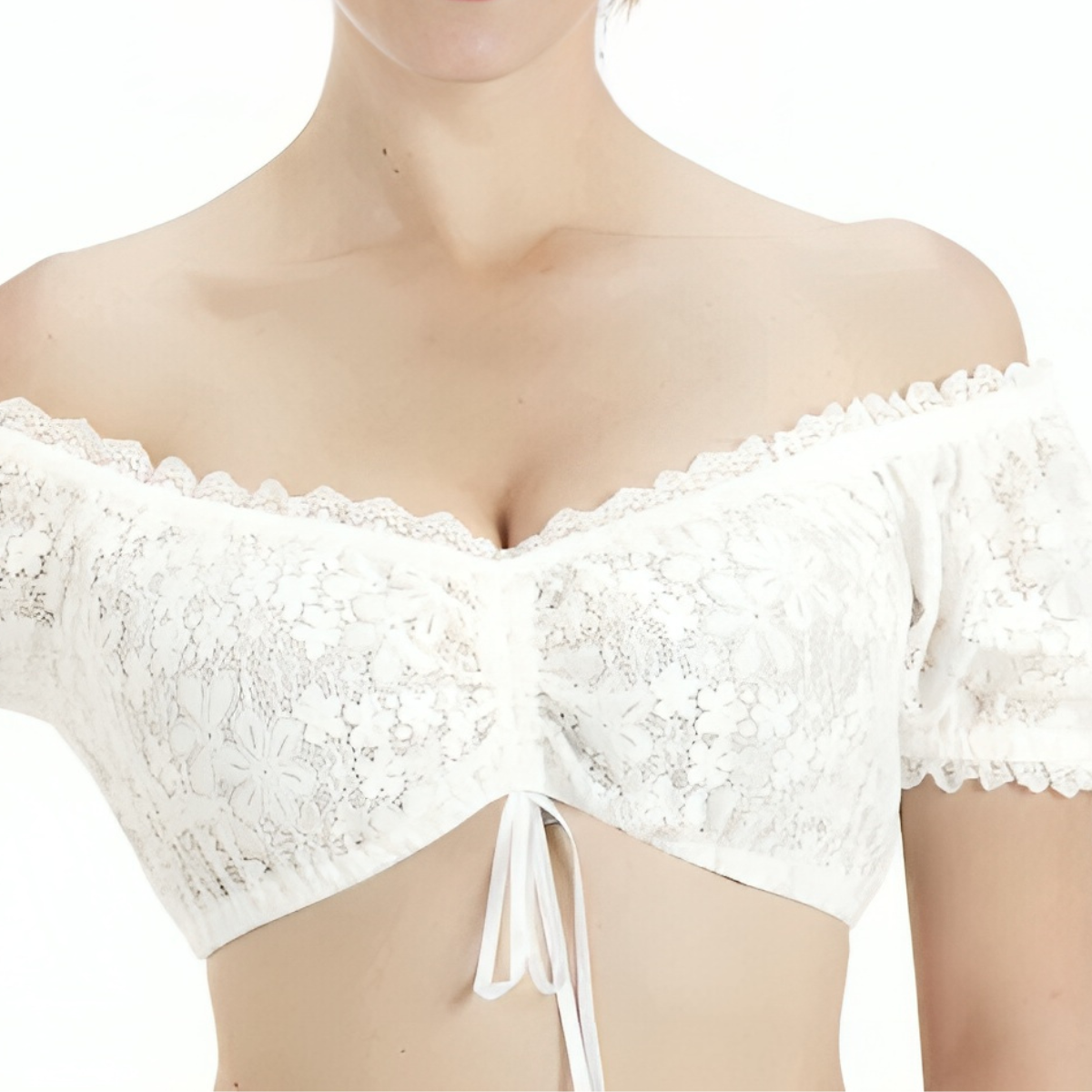 A white off-shoulder dirndl blouse with floral lace cuffs and a tie at the chest.