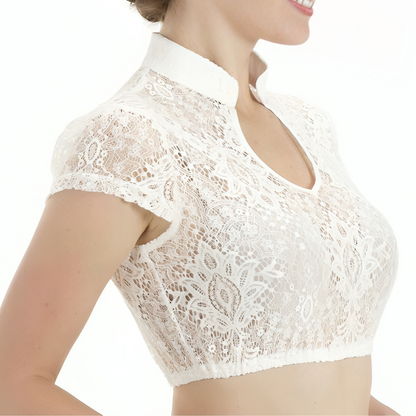 Womens's U-Neck Traditional Blouse Short Sleeve White