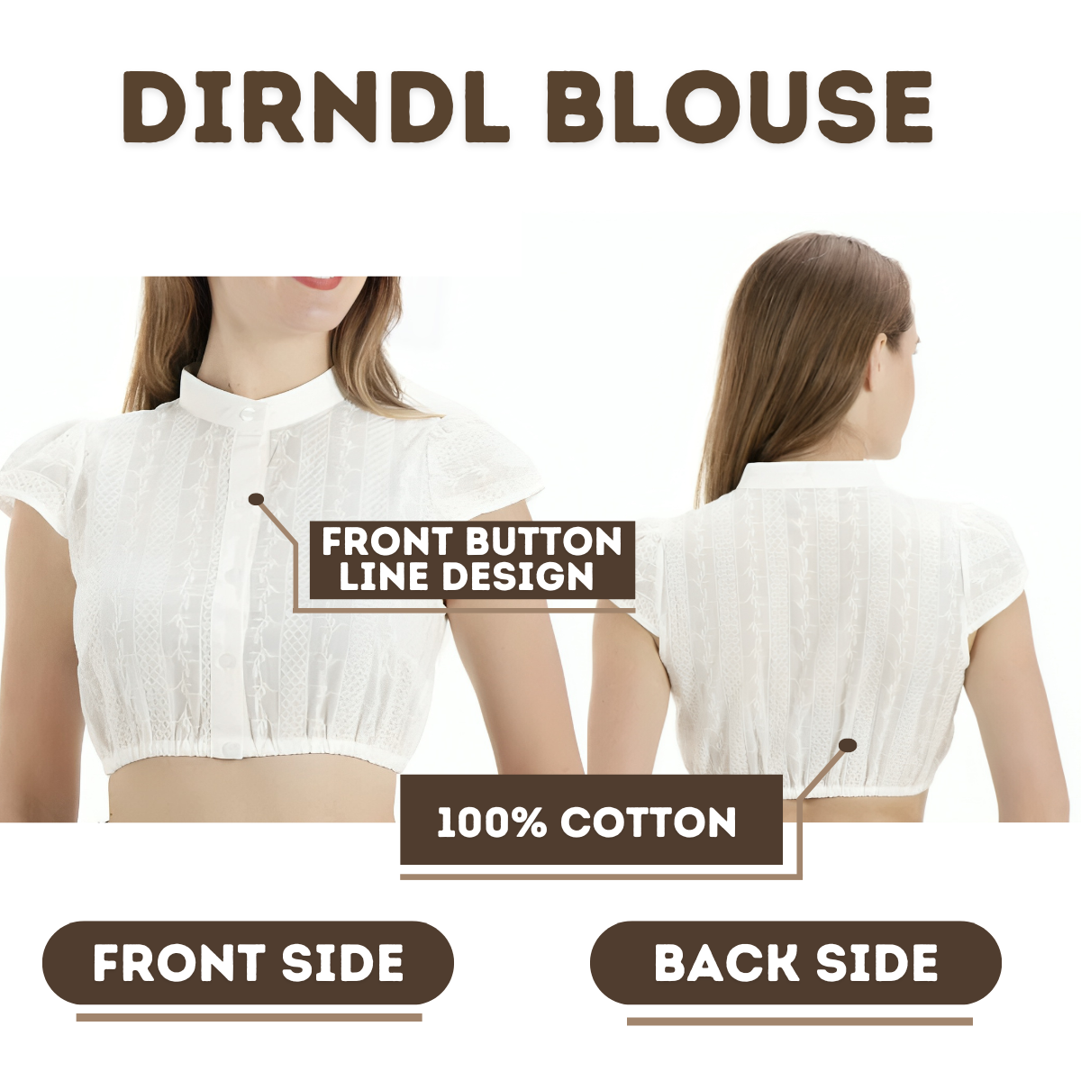 Women's White Cotton Dirndl Blouse Short Sleeve