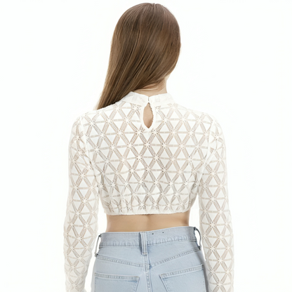 Women's White Dirndl Blouse Long Sleeves Round Neck Lace