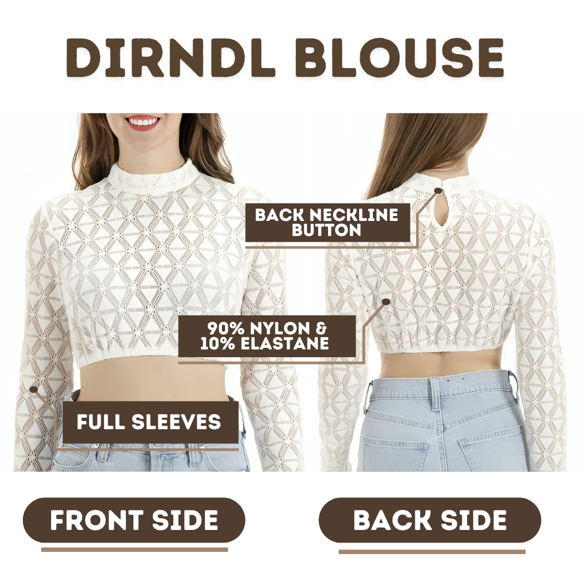Women's White Dirndl Blouse Long Sleeves Round Neck Lace