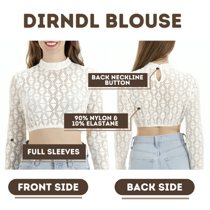 Women's White Dirndl Blouse Long Sleeves Round Neck Lace