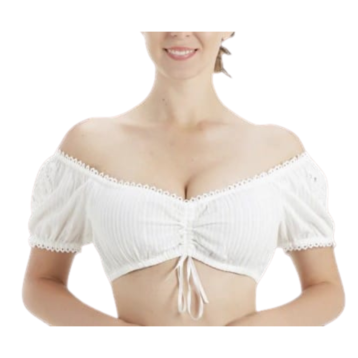 A woman wearing a white off-shoulder dirndl blouse with lace trim on the cuffs and neckline, featuring an adjustable drawstring at the waist and chest.